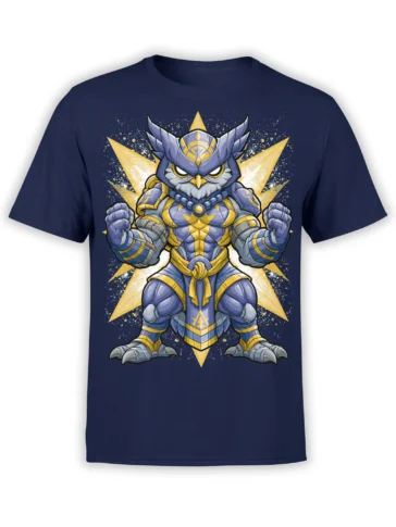 Navy unisex t-shirt with a chibi-style armored owl warrior in blue and yellow, set against a bright starburst background
