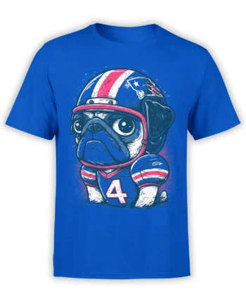 light blue unisex t-shirt with cute pug in red white and blue football helmet and number 4 jersey graphic on the chest
