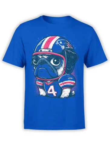 light blue unisex t-shirt with cute pug in red white and blue football helmet and number 4 jersey graphic on the chest