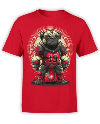 Front view of red unisex t-shirt featuring an armored pug football mascot graphic with number 19 in bold colors