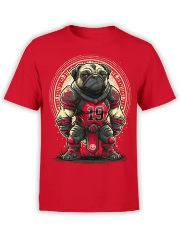 Front view of red unisex t-shirt featuring an armored pug football mascot graphic with number 19 in bold colors