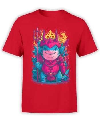 Front view of red unisex t-shirt with neon demon shark warrior holding a trident in pink and blue armor, glowing against a yellow sigil