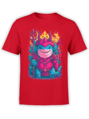 Front view of red unisex t-shirt with neon demon shark warrior holding a trident in pink and blue armor, glowing against a yellow sigil