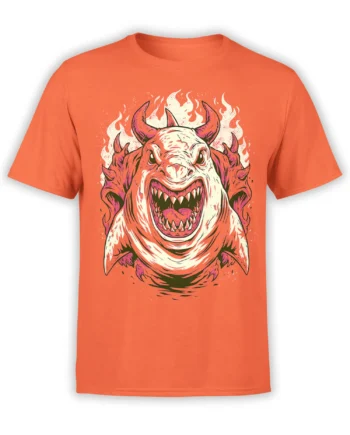 Orange unisex t-shirt featuring a large horned demon shark with jagged teeth and flames bursting behind it in bold comic-style colors