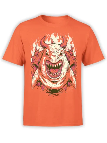 Orange unisex t-shirt featuring a large horned demon shark with jagged teeth and flames bursting behind it in bold comic-style colors
