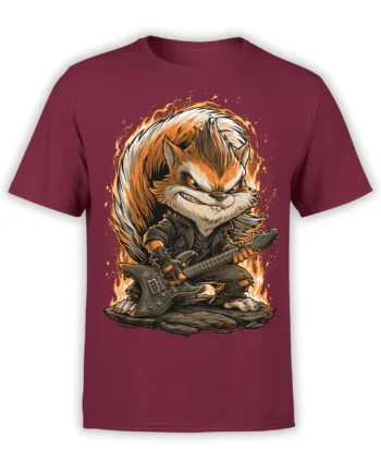 red unisex t-shirt with a fiery rock squirrel playing electric guitar in a leather jacket surrounded by bright orange flames