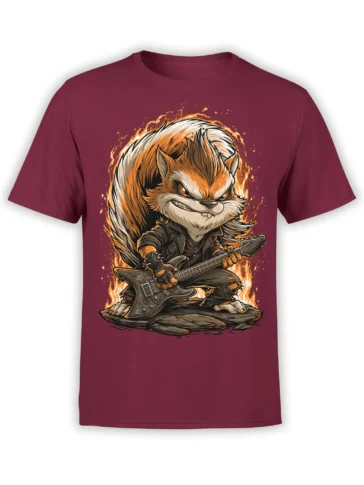 red unisex t-shirt with a fiery rock squirrel playing electric guitar in a leather jacket surrounded by bright orange flames