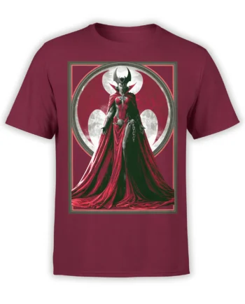 Purple unisex t-shirt with dark fantasy sorceress in a crimson cloak framed by a circular sigil and border