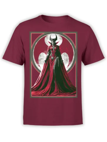 Purple unisex t-shirt with dark fantasy sorceress in a crimson cloak framed by a circular sigil and border