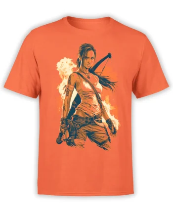 Orange unisex T-shirt with bold female warrior illustration holding gear, crossbow on her back, and fiery background in orange and cream