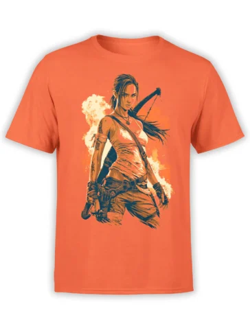 Orange unisex T-shirt with bold female warrior illustration holding gear, crossbow on her back, and fiery background in orange and cream