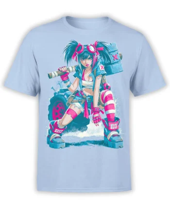 Light blue unisex shirt with neon anime punk warrior girl holding a giant hammer, styled in bold cyan and hot pink tones