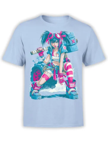 Light blue unisex shirt with neon anime punk warrior girl holding a giant hammer, styled in bold cyan and hot pink tones