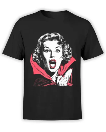 Black unisex t-shirt with a bold vintage comic-style screaming woman in a red cape, printed in white and red for a retro horror look