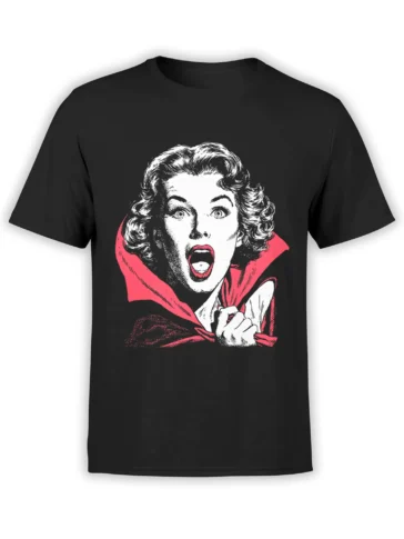 Black unisex t-shirt with a bold vintage comic-style screaming woman in a red cape, printed in white and red for a retro horror look