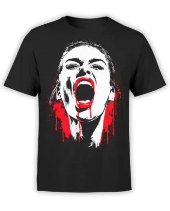 Black unisex t-shirt with a bold white screaming woman face and red blood splatter graphic in a high-contrast horror style.