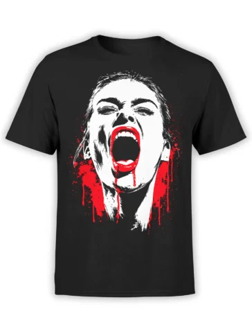 Black unisex t-shirt with a bold white screaming woman face and red blood splatter graphic in a high-contrast horror style.