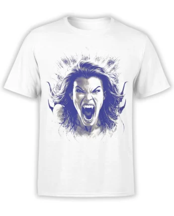White unisex t-shirt featuring a dramatic blue vampire woman screaming with sharp fangs and wild hair in an explosive splatter style design.