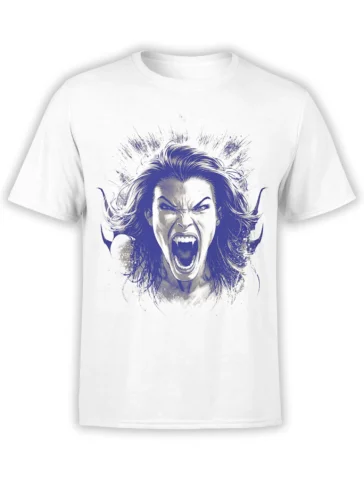 White unisex t-shirt featuring a dramatic blue vampire woman screaming with sharp fangs and wild hair in an explosive splatter style design.