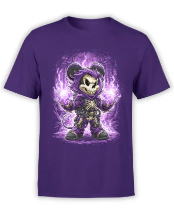 Purple unisex T-shirt featuring a chibi skull mouse sorcerer casting bright purple magic in detailed ruined arches