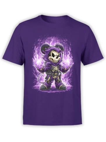 Purple unisex T-shirt featuring a chibi skull mouse sorcerer casting bright purple magic in detailed ruined arches