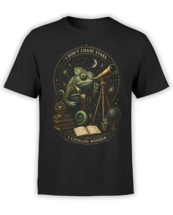 black unisex t-shirt with detailed chameleon astronomer design, telescope, star map, and the quote I don’t chase stars, I catalog wonder