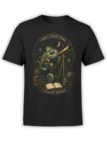 black unisex t-shirt with detailed chameleon astronomer design, telescope, star map, and the quote I don’t chase stars, I catalog wonder