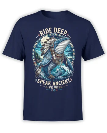 navy t-shirt with mystic whale warrior in feathered headdress riding moonlit waves and Ride Deep Speak Ancient Live Wise slogan