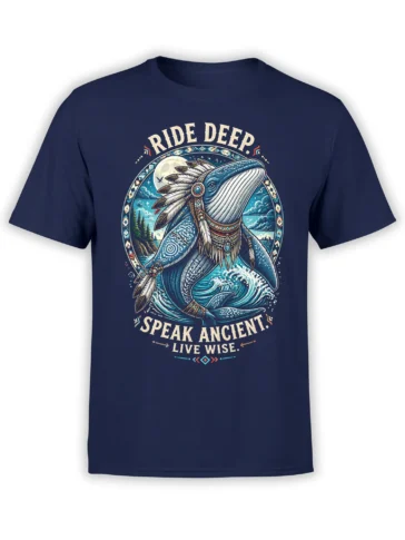 navy t-shirt with mystic whale warrior in feathered headdress riding moonlit waves and Ride Deep Speak Ancient Live Wise slogan