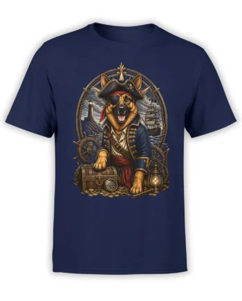 navy unisex t-shirt with detailed German Shepherd pirate captain graphic, treasure chest, ship and lighthouse in ornate nautical frame