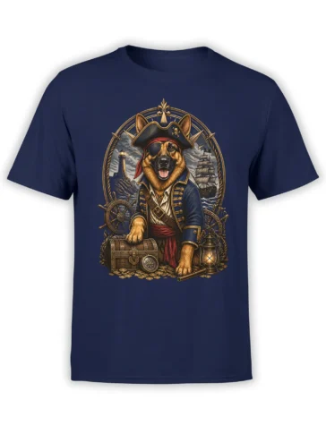 navy unisex t-shirt with detailed German Shepherd pirate captain graphic, treasure chest, ship and lighthouse in ornate nautical frame
