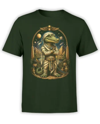 Black unisex t-shirt featuring a detailed crocodile mummy pharaoh with pyramids, jackals and a cosmic night sky background