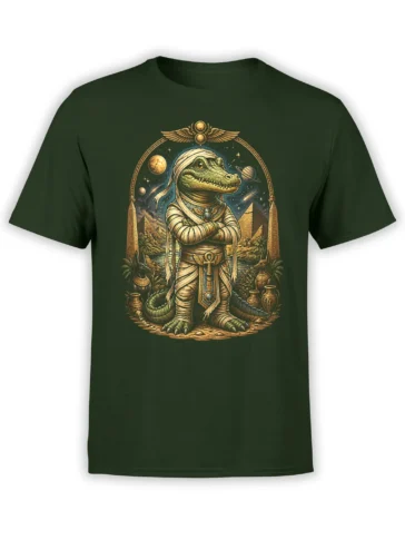 Black unisex t-shirt featuring a detailed crocodile mummy pharaoh with pyramids, jackals and a cosmic night sky background