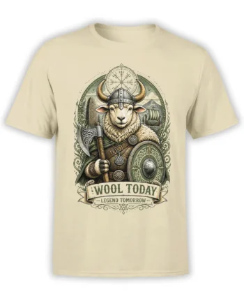 Beige unisex t-shirt featuring a detailed Viking sheep warrior with axe and shield, Nordic runes, longship background, and Wool Today Legend Tomorrow text