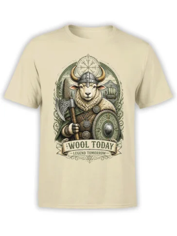 Beige unisex t-shirt featuring a detailed Viking sheep warrior with axe and shield, Nordic runes, longship background, and Wool Today Legend Tomorrow text