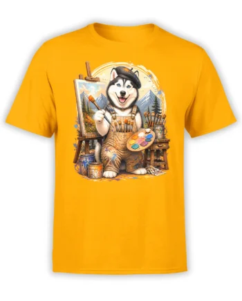 yellow unisex t-shirt with cute husky painter dog holding a brush and palette beside an easel with a mountain landscape artwork