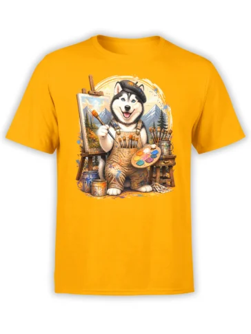 yellow unisex t-shirt with cute husky painter dog holding a brush and palette beside an easel with a mountain landscape artwork
