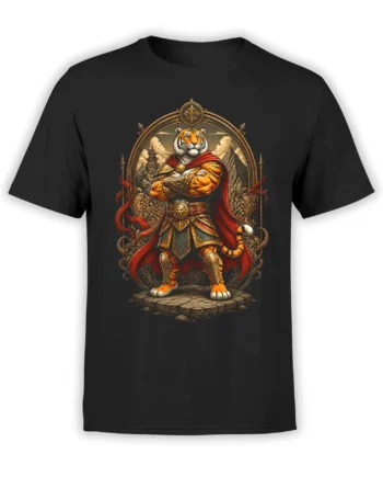 Black unisex T-shirt with detailed tiger warrior in golden armor and red cape standing on stone with mountains and temple in the background