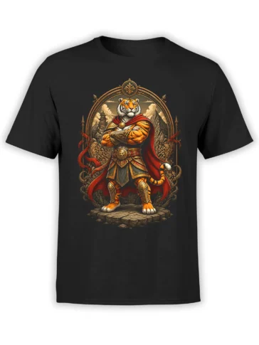 Black unisex T-shirt with detailed tiger warrior in golden armor and red cape standing on stone with mountains and temple in the background