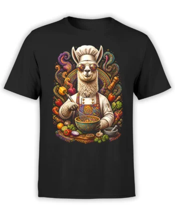 Black unisex t-shirt with a psychedelic llama chef mixing food in a colorful bowl surrounded by vegetables and spices
