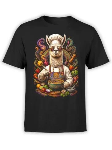 Black unisex t-shirt with a psychedelic llama chef mixing food in a colorful bowl surrounded by vegetables and spices