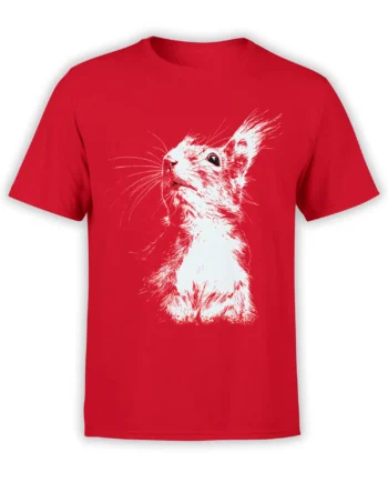 Red unisex t-shirt featuring a detailed white sketch of a curious squirrel head with fine whiskers and fur lines