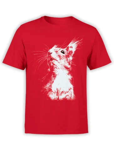 Red unisex t-shirt featuring a detailed white sketch of a curious squirrel head with fine whiskers and fur lines