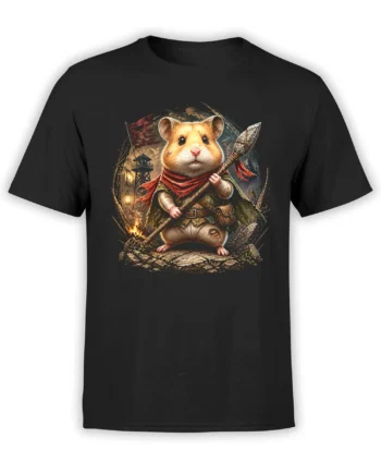Black unisex t-shirt with detailed fantasy warrior hamster holding a spear in a ruined battlefield scene