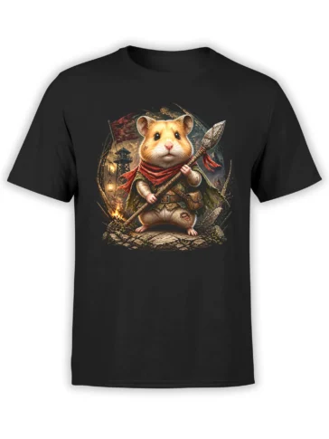 Black unisex t-shirt with detailed fantasy warrior hamster holding a spear in a ruined battlefield scene