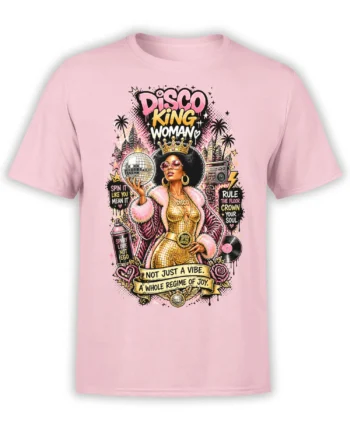 pink unisex t-shirt with retro disco queen woman graphic, crown, disco ball, boombox, vinyl record and city skyline details