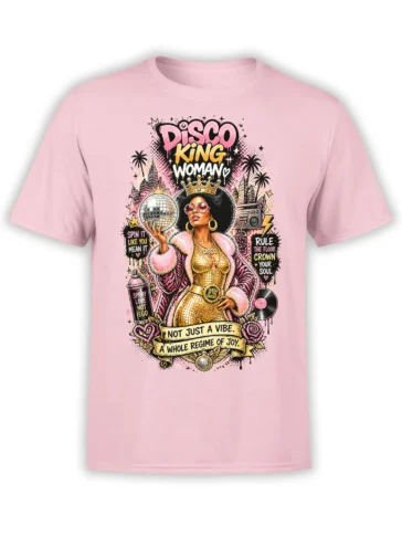 pink unisex t-shirt with retro disco queen woman graphic, crown, disco ball, boombox, vinyl record and city skyline details