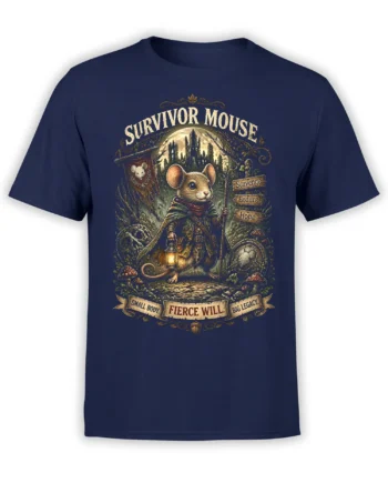 Front view of navy unisex t-shirt with detailed survivor mouse fantasy artwork of a cloaked mouse holding a lantern in a ruined forest scene