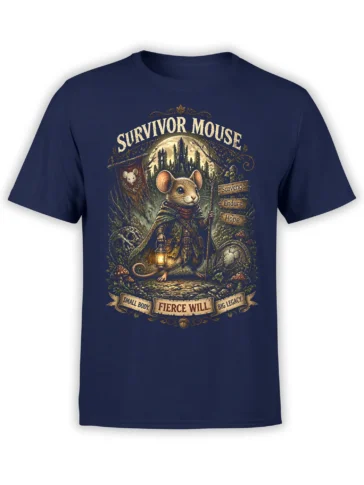 Front view of navy unisex t-shirt with detailed survivor mouse fantasy artwork of a cloaked mouse holding a lantern in a ruined forest scene