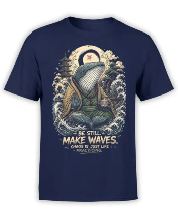 Navy unisex t-shirt featuring a detailed zen whale monk meditating in crashing waves with an inspirational quote about being still and making waves